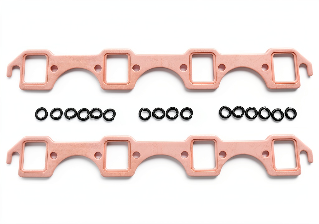 Installing YUCHENSHLP Exhaust Header Gasket for Small Block SBF 289 302 on a garage workbench